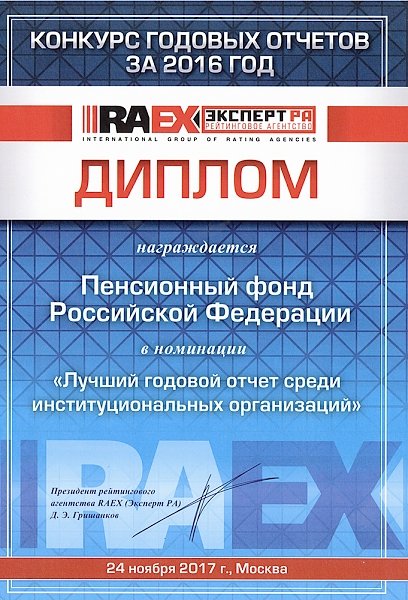 Годовой отчет ПФР за 2016 год признан лучшим годовым отчетом между институциональных организаций